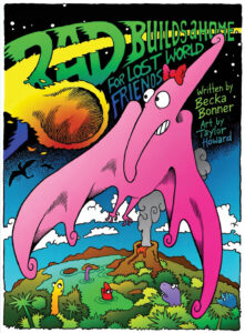 Illustrated book cover of Rad the pink dinosaur building a welcoming home for lost dinosaur friends