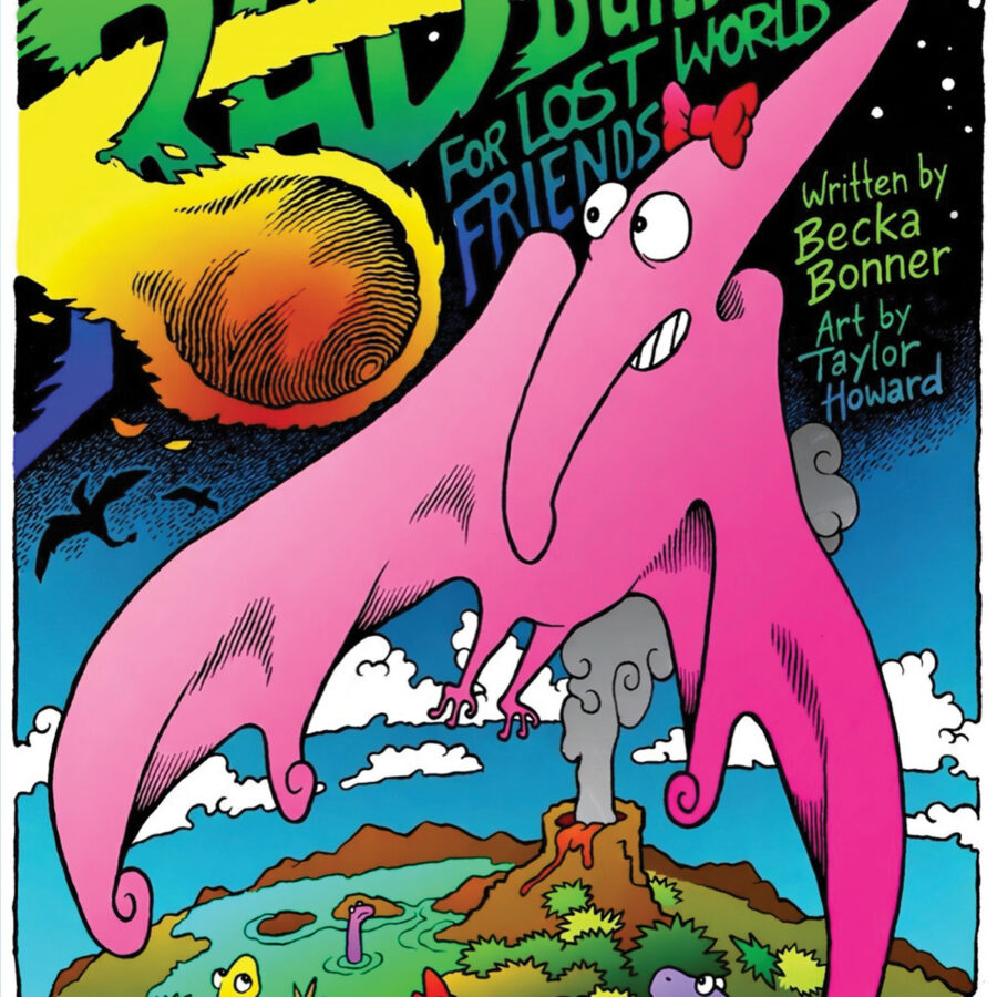 Illustrated book cover of Rad the pink dinosaur building a welcoming home for lost dinosaur friends